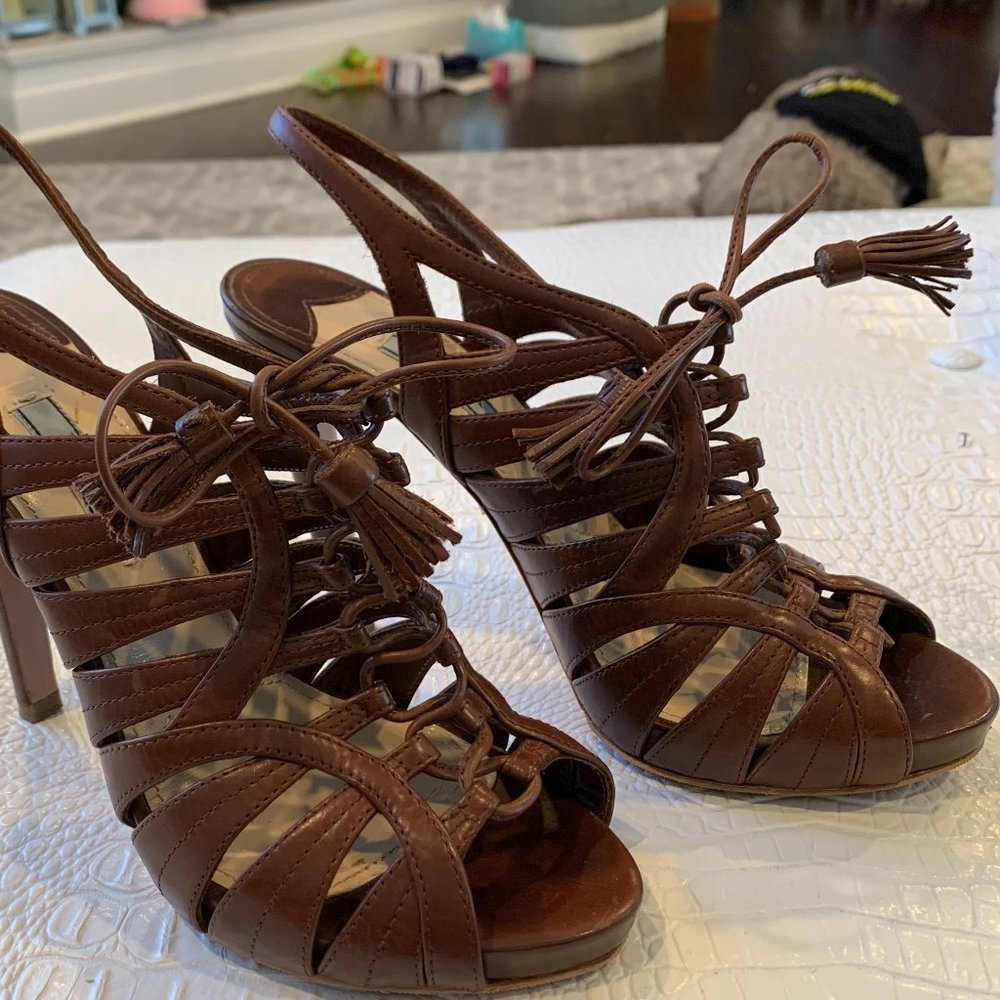 Prada Brown Leather Caged Lace Up Platform Heels